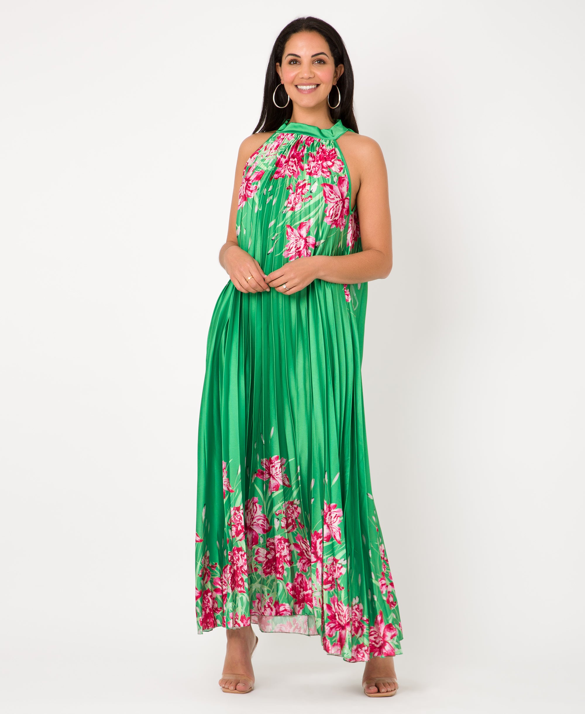 KRISP Floral Print Pleated Satin Halterneck Maxi Dress (11110)
